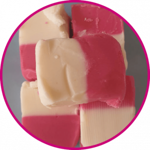 close up of strawberries and cream fudge